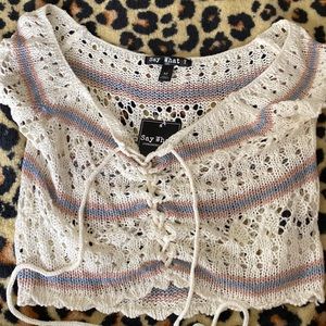 Beige blue and pink string tied crop